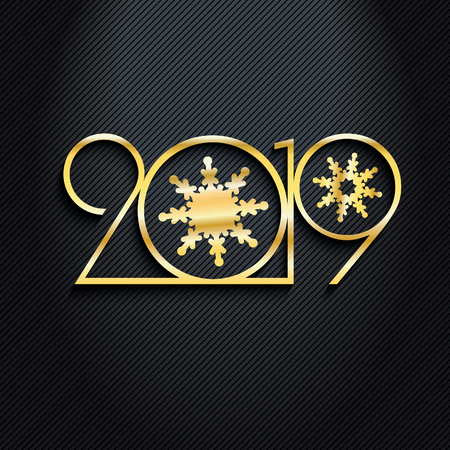 2019 Black Background New Year or Christmas  creative greeting card design Golden numbers and snowflakesのイラスト素材