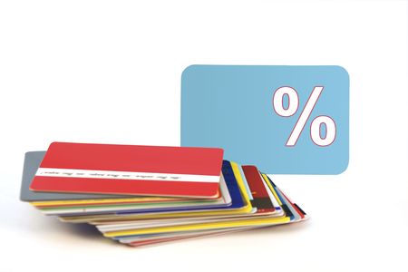 Colorful stack of credit cards and shopping gift cardsの写真素材