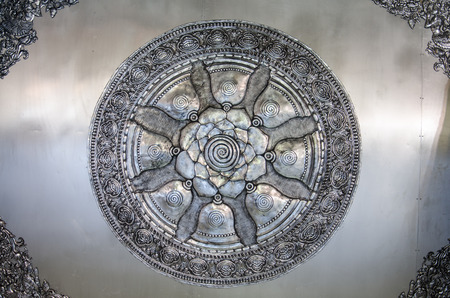 Beautiful Silver Stucco Thai Traditional Art (Lai Thai) Handmade Background Wallpaper Textureの写真素材