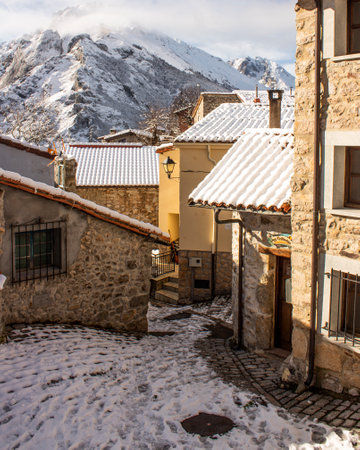 Small village in a snowy mountain, Picos de Europaのeditorial素材