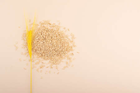 Brown rice spread in a minimalist style, on a beige-colore background. top view