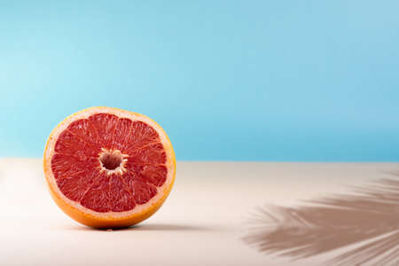 A grapefruit on a beach background and shadows of palm trees. front viewの写真素材