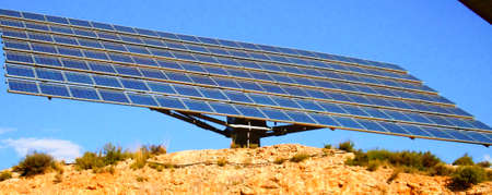 panoramic view of a long solar panel in the Extremadura countrysideの写真素材
