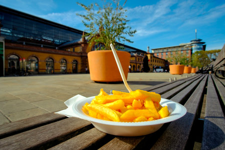 Plate of crisps ready to eat outdoors in town square