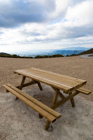 Picnic table in the rest area at the top of the Port of Honduras, in Extremadura, Jerte, Hervasの写真素材