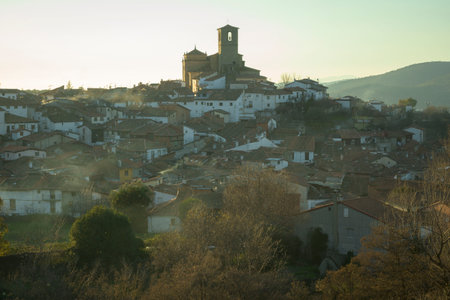 Sunset view of the Jewish quarter of Hervas in Caceres in winter horizontalの写真素材