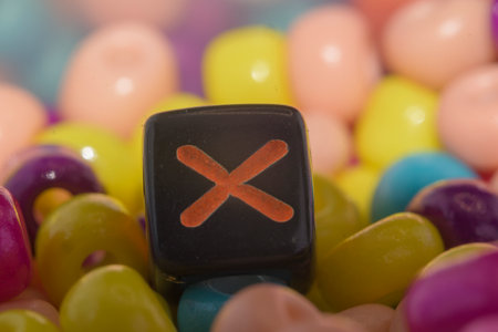 Dice with x in orange with horizontal colorful background uncertainty unknown