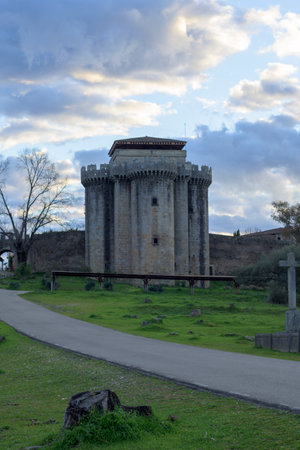 Vertical view of the castle tower of the abandoned village of Granadilla in Extremaduraの写真素材