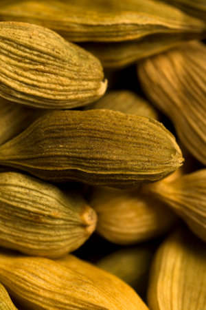Macro photograph of dried green cardamom pods showing detailed textures and natural colors. This aromatic spice is commonly used in culinary, herbal, and Ayurvedic practices. The image highlights the organic surface and structure of the cardamom seed pods.の写真素材