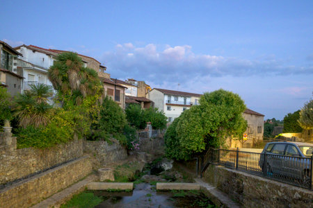 Scenic view of the rural village of Acebo in Caceres. White houses rise above a stone walled water channel or stream lined with green trees and palms under a soft blue dusk skyの写真素材