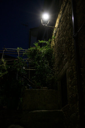 Old stone alley illuminated by a bright street lantern at night with plants and shadows creating a moody atmospheric sceneの写真素材