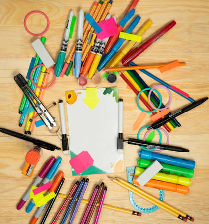 Pencils and utensils for drawing and working at home, with different colors and space to include...