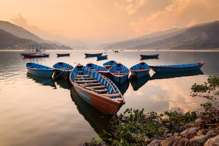 Boats for rent at Phewa Lake, Pokhara, Nepalの写真素材