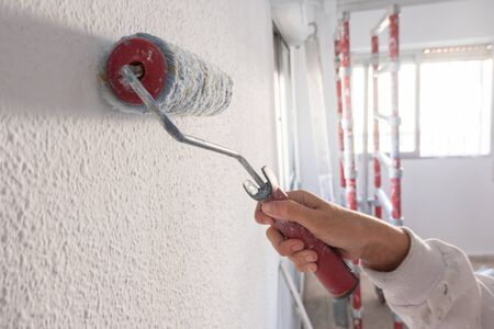 Young woman painting interior wall with white paint. paint cans and painter ladder.