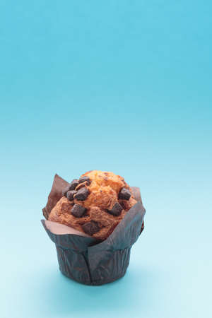 chocolate muffins on a blue background with copyspace. Vertical format.の写真素材