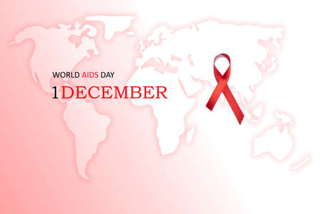 Red ribbon against AIDS on world map. World AIDS Day 1 December 2020 concept.の写真素材