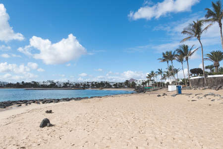 Sunny beach in, Costa Teguise, Lanzarote, Canary Islands, Spain.の写真素材