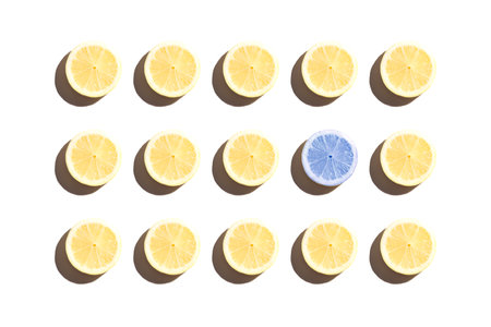 Symmetrical composition of lemon slices on white background. Top view.の写真素材