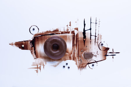 Chocolate donuts and chocoolate on white background. Top view.の写真素材