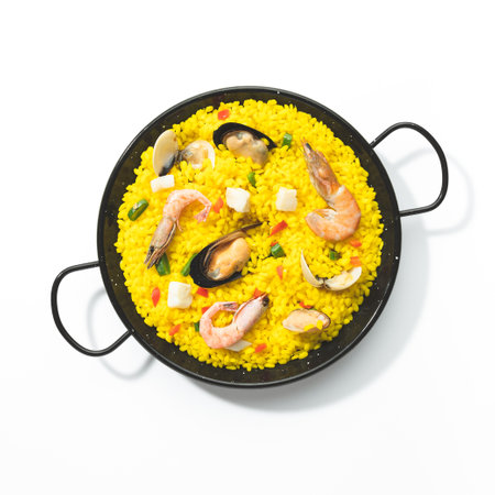 Paella isolated on white background. Top view.の写真素材