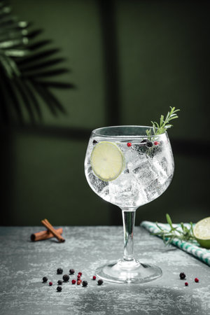 Gin and tonic cocktail and shadows next to the window on dark concrete background. Vertical format.の写真素材