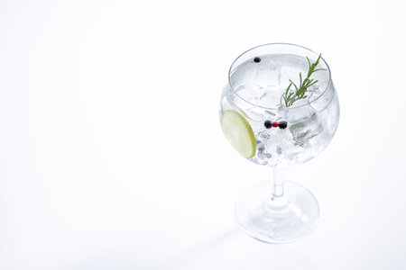 Gin and tonic cocktail with ice isolated on white background with copy space.の写真素材