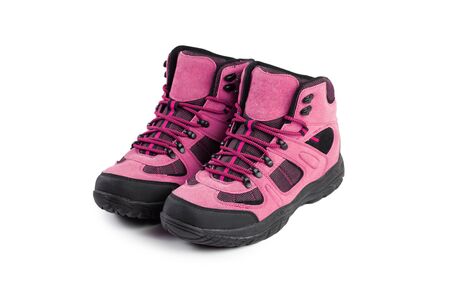 mens winter boots pink for expeditions of travel isolated on a white backgroundの写真素材