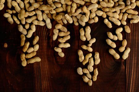Peanuts on a dark background. Peanuts in a shell. Healthy food.の写真素材