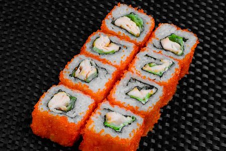Japanese rolls on a dark textured backgroundの写真素材