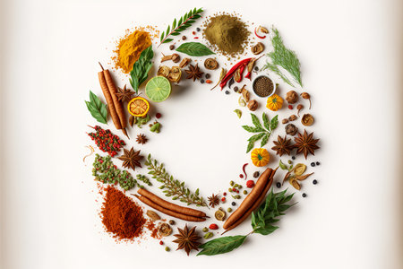 A wreath of delicious mulled wine herbs and spices on white background.の素材