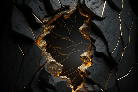 Abstract volumetric black rock wall with golden broken hole and cracksの素材