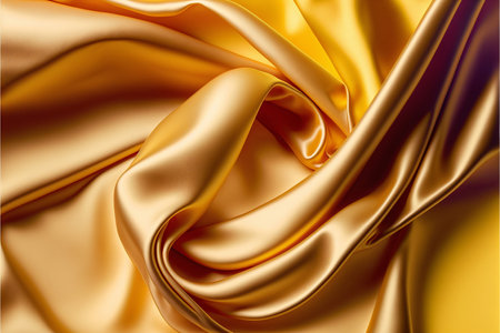 Golden silk satin waves, fabric folds. Bright luxury background.の素材
