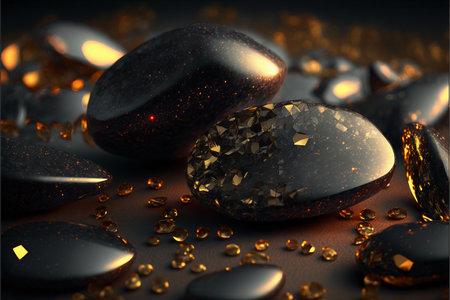 A close up of black pebbles stones with gold glitter on them.の素材