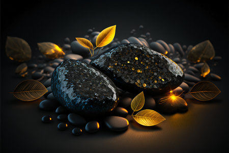 Spa background with shimmering stones, black pebbles and golden leaves.の素材