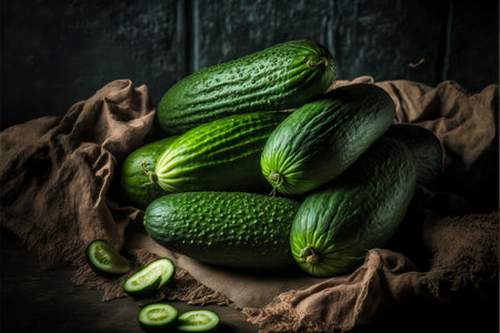 Fresh green cucumbers on a brown cloth with a dark backgroundの素材