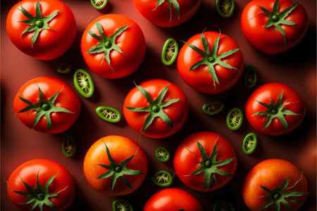 Lots of ripe red tomatoes and slices of green peppers on a red background. top view, close up.の素材