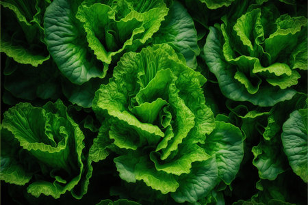 Green lettuce background. Close up of fresh green lettuce leaves.の素材
