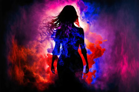 A woman with long hair silhouetted against a dark background with pink and blue smoke.の素材