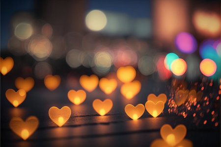 Bokeh glowing small love hearts looks like city lights. love concept.の素材
