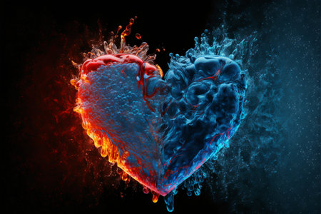 A heart shape, one half of which is made of ice and the other half of which is made of fire.の素材