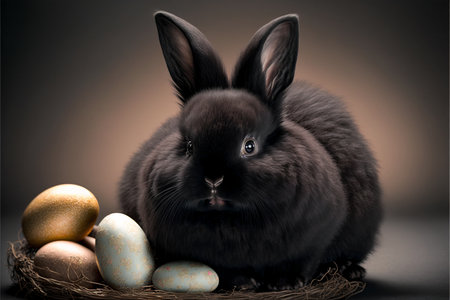 A cute, black rabbit is the symbol of 2023 next to the Easter eggs.の素材
