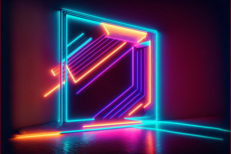 Futuristic abstract background with glowing neon lines in a dark room.の素材