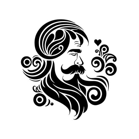 Ornamental, man with stylish hair, beard and mustache. Decorative illustration for barbershop logo, emblem, tattoo, embroidery, laser cutting.のイラスト素材