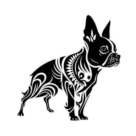 Cute, ornamental Boston Terrier dog. Vector image for logo, emblem, tattoo, embroidery, laser cutting, sublimation.のイラスト素材