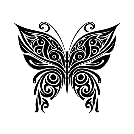 Ornamental butterfly. Decorative illustration for logo, emblem, embroidery, wood burning, crafting.のイラスト素材