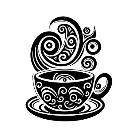 Ornamental cup of hot coffee. Monochrome vector for logo, emblem, mascot, embroidery, sign, crafting.のイラスト素材