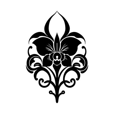 Ornamental orchid flower. Monochrome illustration for tattoo, logo, emblem, embroidery, crafting.のイラスト素材