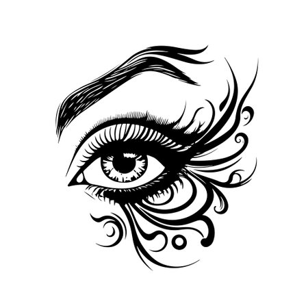 Beautiful female eye with long eyelashes and a swirl ornament. Monochrome vector illustration.のイラスト素材