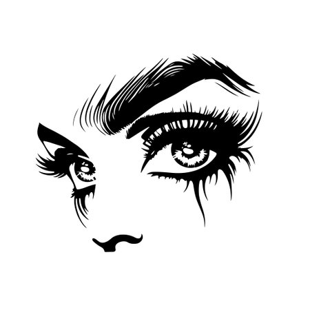 Beautiful and expressive female eyes with long eyelashes, dark make-up and fashionable thick eyebrows. Monochrome vector illustration.のイラスト素材