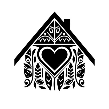 Tribal cozy house sign with a love heart. Black and white vector illustration for logo, emblem, sign, embroidery.のイラスト素材